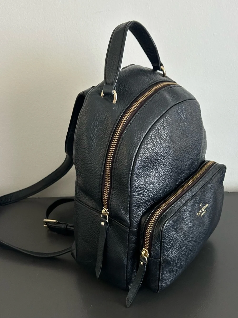 Kate Spade Black Pebbled Leather Mini Backpack Gold Hardware Travel Purse